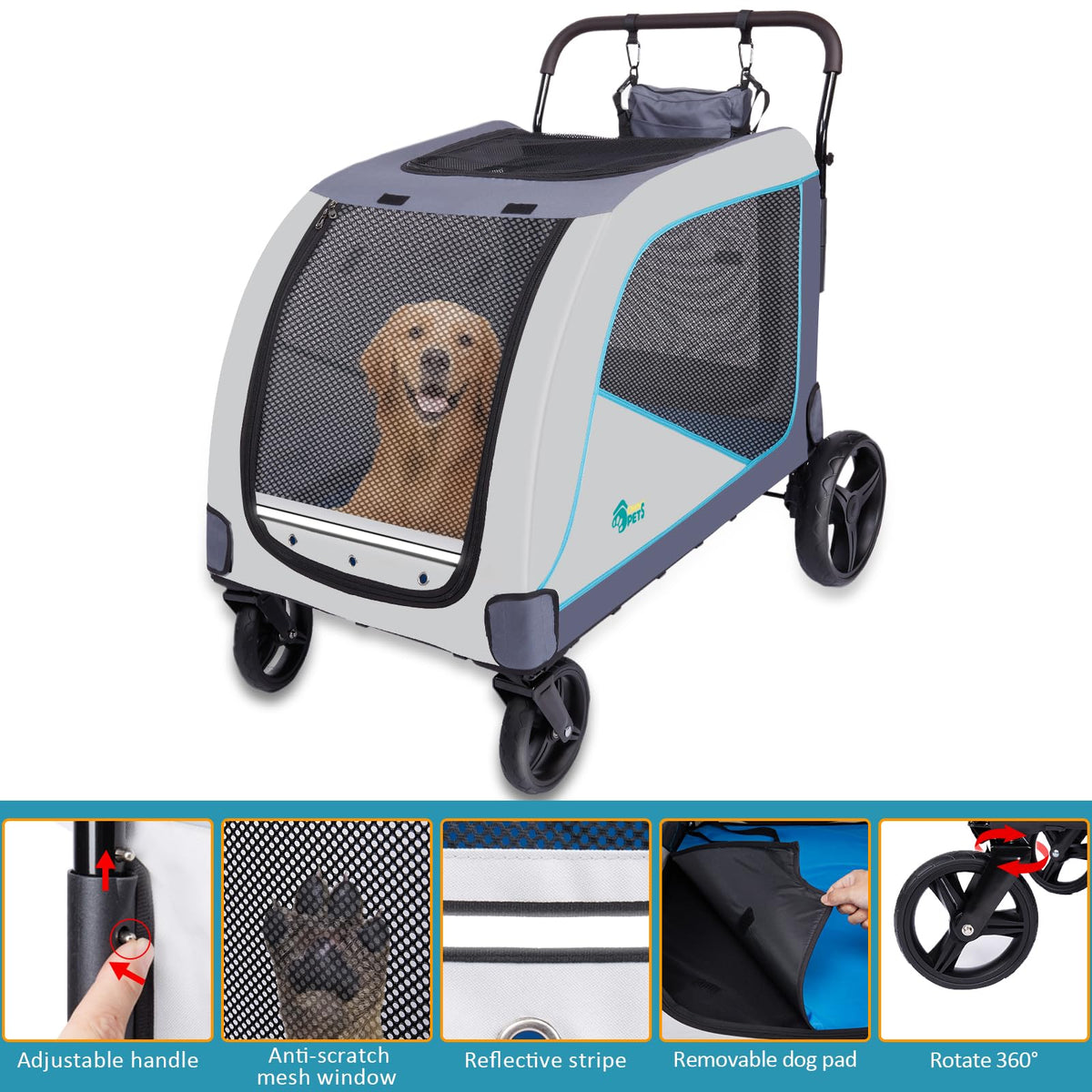 Ownpets XL Dog Stroller for Medium & Large Dogs – 55kg Capacity
