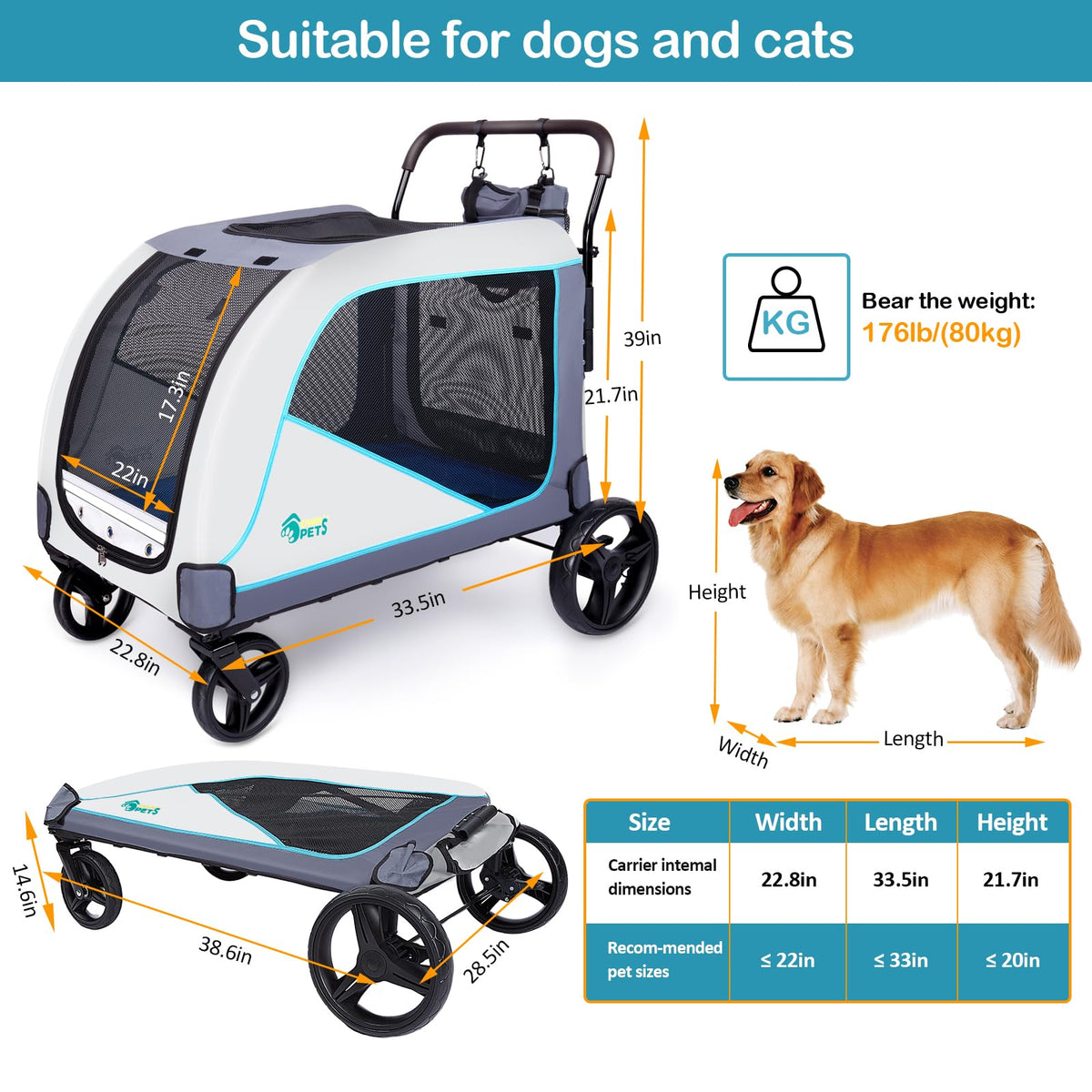 Ownpets XL Dog Stroller for Medium & Large Dogs – 55kg Capacity